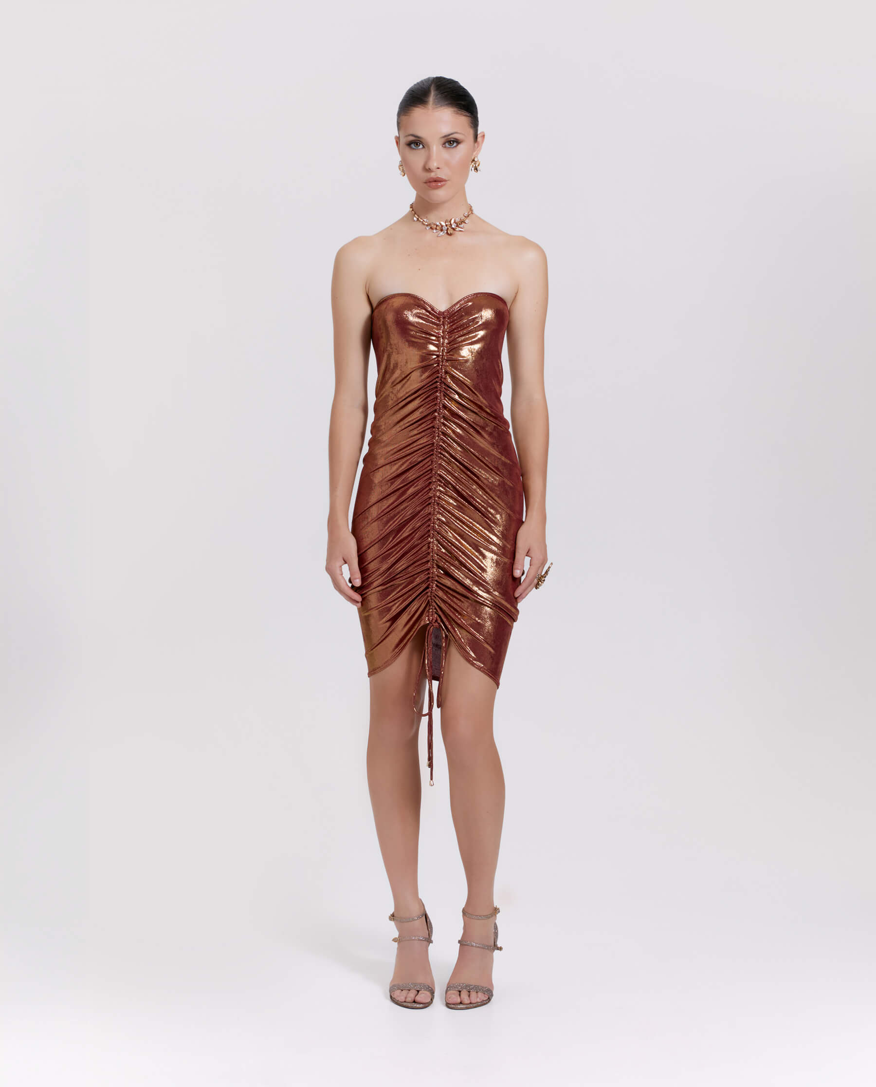 copper metallic dress Aurora | Copper Metallic Strapless Midi Dress